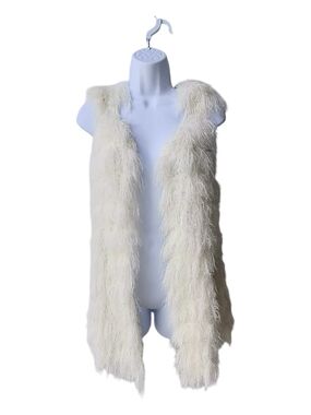 Cream Faux Feather-Trim Boho Festival Long Sweater Vest M